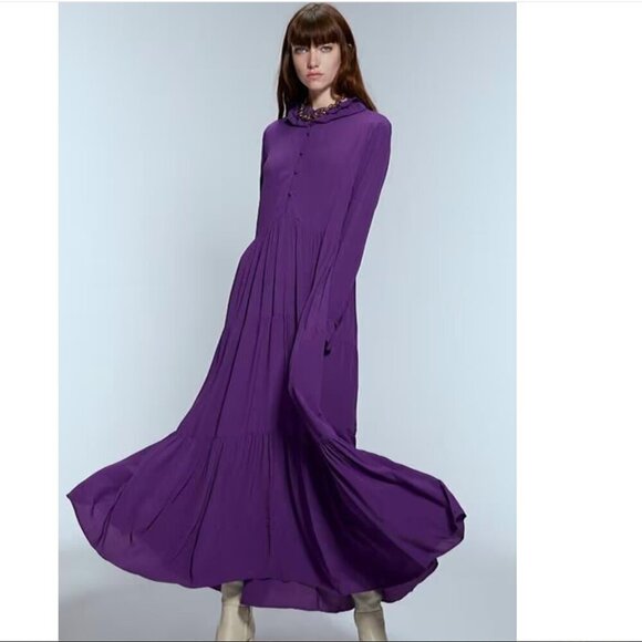ZARA WOMEN FLOWING PURPLE LONG DRESS WITH RUFFLES SIZE XS NEW WITH TAG! - Picture 3 of 12